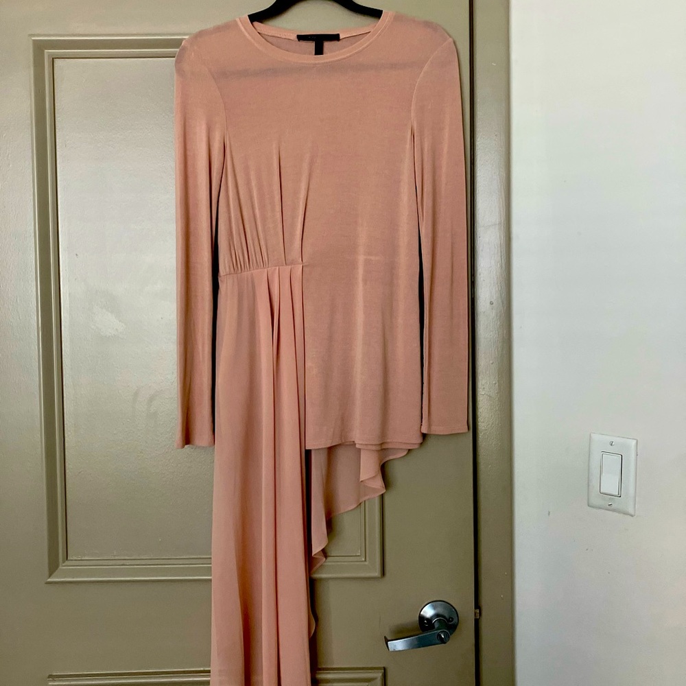Slightly used: BCBGMAXAZRIA Draped Asymmetrical, long sleeve top. Antique Rose